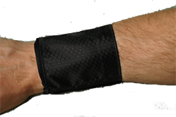 A person's wrist covered in a black wristband.