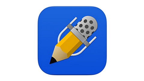 Blue rounded square with an image of a combination pencil point and microphone.