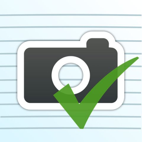 Large square with light blue background and blue notebook lines with an image of camera in the middle and a large green check mark on one corner of it.