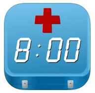 Teal-blue square  with red medical cross at the top and time display of 8:00.