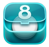 Teal colored box with a lid slightly open and a white pill inside and the number 8 on the lid.