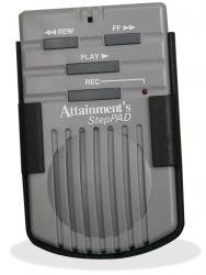 Small black and gray handheld device with four control buttons on top and a speaker in the middle.