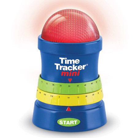 Short, cylindrical device with a red LED lighted dome at the top. It has a blue base and two colored bands around the base that users can rotate, one green and one yellow.
