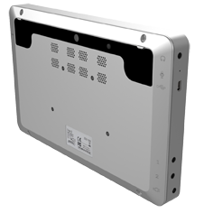 Rear and side view of tablet-sized device showing ports along the side.