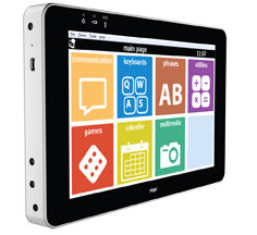 Side view of tablet-sized device with colorful grid of symbols on the display screen.