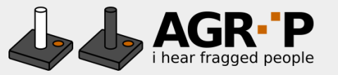 Agrip logo featuring the name in black all capital letters with two squares diagonally from each other in place of the letter i. The icon that precedes the name is two dark gray squares, each with a dowel type handle or joystick. Below the name is written: I hear fragged people, all in lower case dark gray letters.