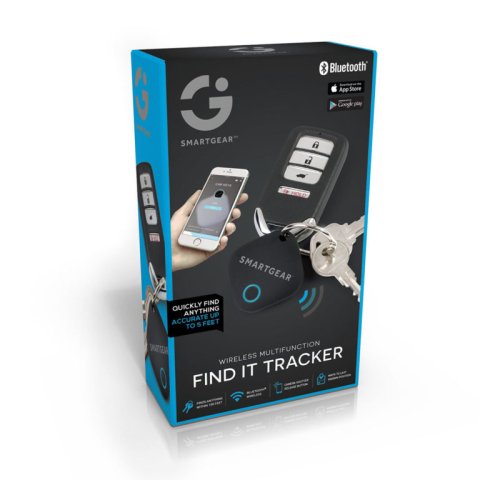Package box with teal-colored side and black front with an image of a hand holding a smartphone and keychain attached to a diamond-shaped device emitting sound waves.