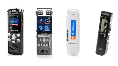 Several different models of voice recorders. They resemble small, thin, rectangular devices similar to USB drives. Three of them feature small LCD displays and various menu buttons.