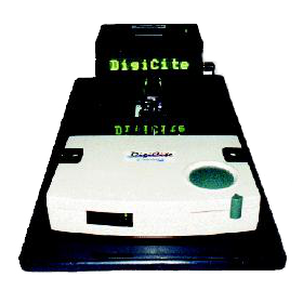 Black platform base that says "DigiCite" in light green font, with an off-white, rectangular device placed on top. 