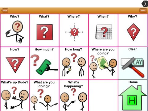 Screenshot of 3x5 square grid of stick/symbol illustrated question phrases. 