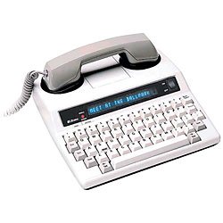 A large, off-white telephone with a long and narrow LCD display panel at the top. Beneath it is a full keyboard.
