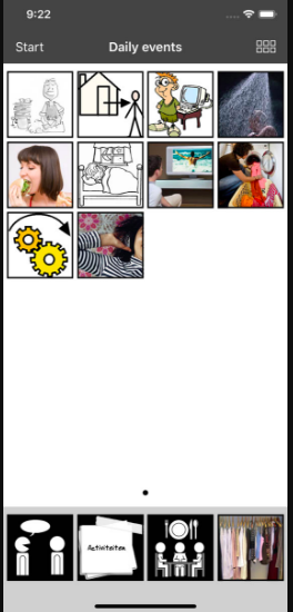 An iPhone with square pictures lined up. Each is of activity; some are simple drawings (like a house with an arrow pointing out of the front door) and some are pictures of real people, a young girl eating or an adult putting clothes in a washer. The title above the pictures is "Daily events"