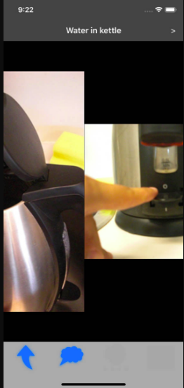 Camera pictures side by side of a kettle being filled with water followed by a finger touching the on button.