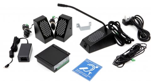 The full range of components, including two speakers, a gooseneck microphone, and various other components, which are all black in color. 