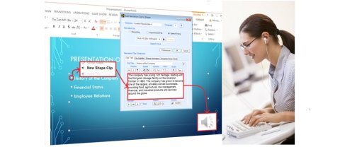 A screenshot of a software dialogue box with text input. Next to it, there is an image of a woman typing at a computer.