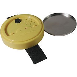 A round yellow base with a built-in speaker and a component to attach to cans.