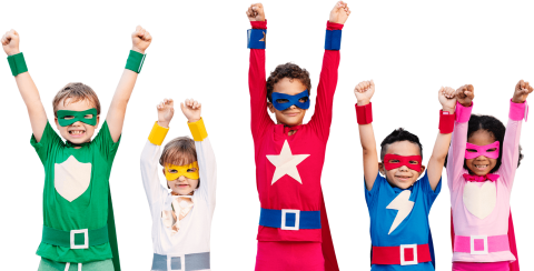 Five young children in colorful, superhero-like costumes raising their arms straight up and making fists.