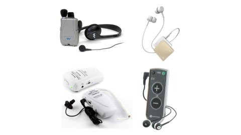 Several different models of personal amplifiers. They resemble small-to-medium-sized MP3 players with connected earpieces. One resembles a long, thin remote control with connected earbuds and various menu buttons. One model is metallic gold-colored, while the others are silver or white in color.