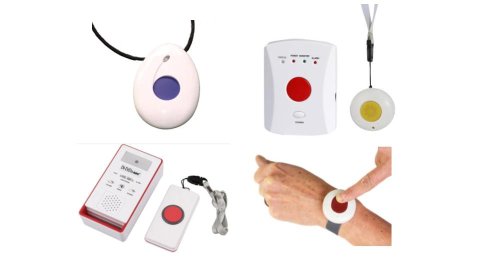 Several different models of emergency dialers. One is a white, oval-shaped necklace pendant with a blue button. Another pendant has a yellow button and is shown next to a speaker box with a red button. Another model resembles a white wristwatch with a red button in the center.