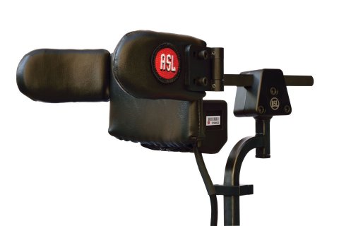 Black head rest with side flaps connected to a mounting pole.