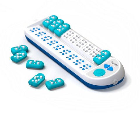 A white and teal colored 9-cell braille display with 9 braille blocks.