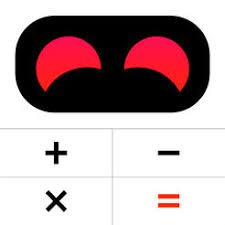 Large vertical rectangle with white background and a black mask on top with red eyes and a grid of 4 math functions underneath.