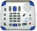 Large, white, square device with blue edges on the corners, a speaker in the upper right, a keypad in the center, and other control buttons throughout.