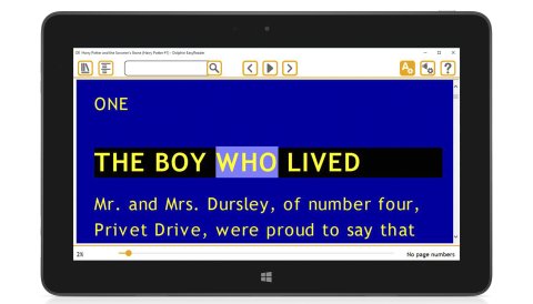 EasyReader on an ipad with yellow text on a blue background scheme and the the text being read highlighted.
