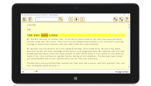 EasyReader on an ipad with black text on a light yellow background scheme and the text being read highlighted.