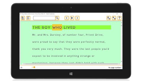 EasyReader on an iPad with black text on a light green background scheme and the text being read highlighted.