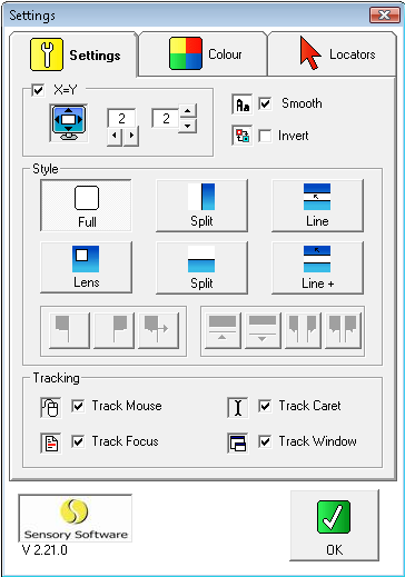 The Lightning Plus setting tab. The three sub-tab options allow for the adjustment of display settings, colour, and locators. 