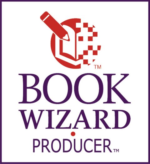White vertical rectangle outlined in purple with the name of the product underneath an image of a pencil pointing to an open book.