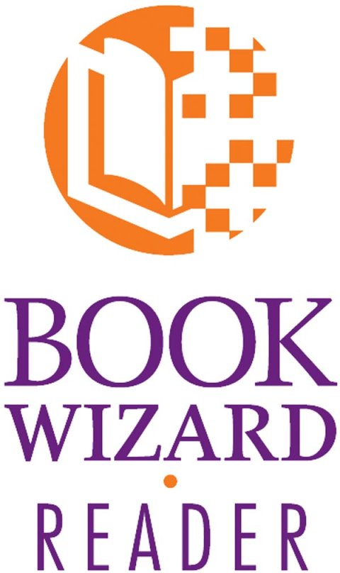 Narrow, tall rectangle with white background name of program written in the lower half in purple, and an orange circle in the top half with an open book in it.