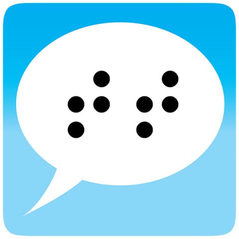 Image of a blue rectangle with a white conversation bubble in the middle with two black braille cells inside of it.