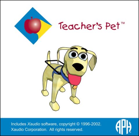 Teacher's Pet logo: A square image with white background with a cartoon image of a guide dog in the middle and a small blue diamond-shaped image in the upper left with an apple in the middle.