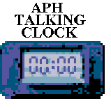 Name of product on top of pixelated image of small rectangular clock with display screen in the middle showing a digital time readout of 00:00.