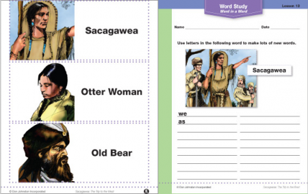 Word Study worksheet, with directions that read, "Use letter in the following word to make lots of new words," with an illustration below labeled "Sacagawea." Illustrations to the left of the worksheet include Sacagawea, Otter Woman, and Old Bear. 