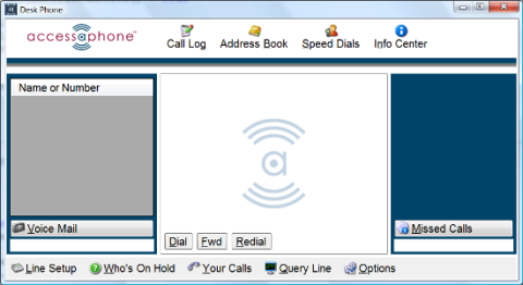 Screenshot of a Windows OS desktop application, featuring a menu bar and a three-pane program window. The window features an input box for a contact name and number, as well as a "missed call" log.