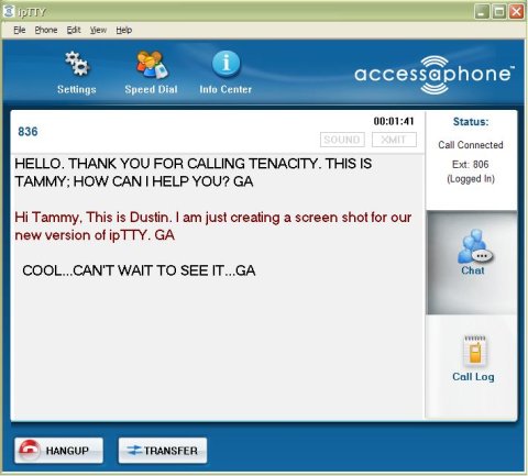 Screenshot of a blue and white program window featuring a text box that shows a text transcript from a phone conversation,