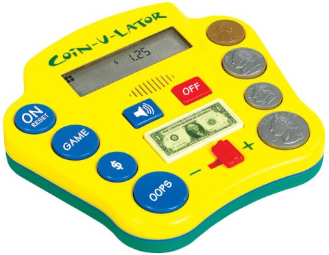 A large yellow device with round, blue menu buttons on the left-hand side and various coin icons, as well as a U.S. dollar image on the right and center of the device. At the top, there is a narrow LCD display panel.