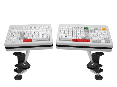 A split keyboard with each piece attached to a mounting arm and featuring control keys on the left side of the left piece and a keyboard on the right side of the right piece.
