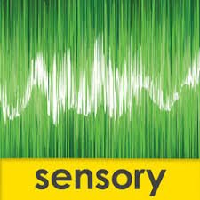 Square with many lime green vertical lines and a wavy white pattern across the middle. The lowercase word sensory is on the bottom inside a yellow band.