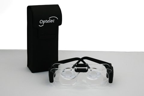 Clear, double lenses with black arms next to a black carrying case.