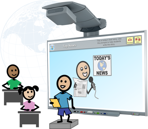 Three colorful stick figures. One standing on a small platform reading from a page, and two sitting at desks in front of him. Behind them all is a large computer display with Today's News written on it.