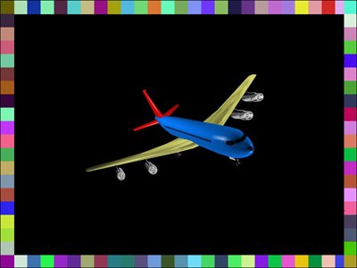 Black square with border consisting of tiny colored blocks. Inside is a colorful airplane.