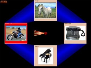 Black square with a round blue band and spinner in the center and four image blocks, one on the top and bottom, and on the left and right. The images are of a telephone, piano, horse, and motorcycle.
