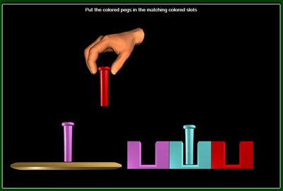 Black rectangular image of a hand picking up a colored peg and a row of colored slots for the peg on the bottom right.