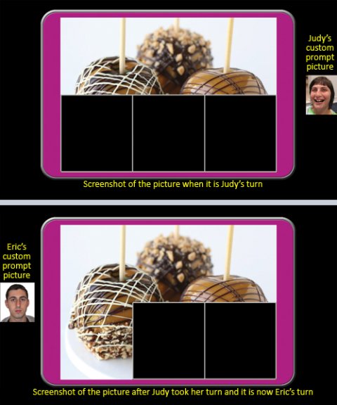 Two screenshots, one on top of the other, showing a partially obscured image of three candied apples and a picture of the user on the right.