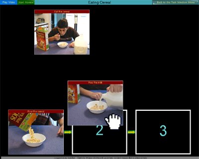 Screenshot showing image of a boy eating cereal at the top and three image blocks along the bottom with a pointer places images in each.