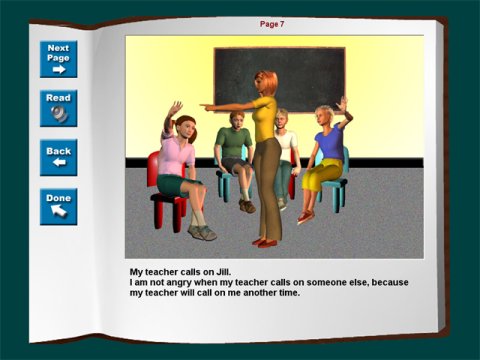 Screenshot of a female teacher standing in front of four students sitting in chairs and four menu buttons vertically aligned on the left side.